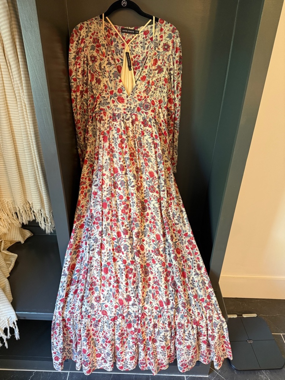 Antik Batik Cream Maxi Dress with Red Floral Print and Green Accents